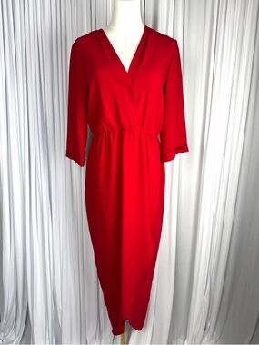 Amanda Uprichard Provenance Scarlet Red Faux Wrap-Style Midi Dress Women’s Small